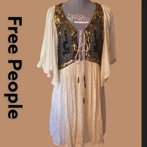 Free People NWT Stunning Ivory dress w/ gold sequins and sheer black bodice sz M